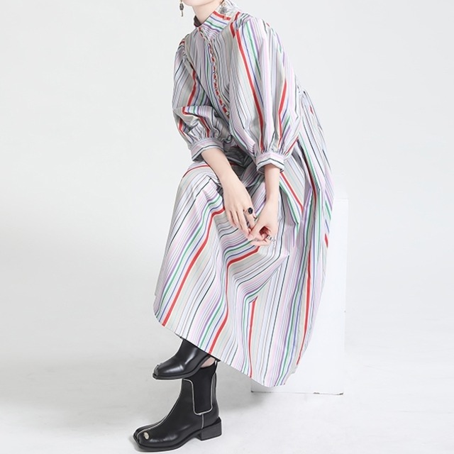 【TR1418】Stripe Colorful Shirt Dress