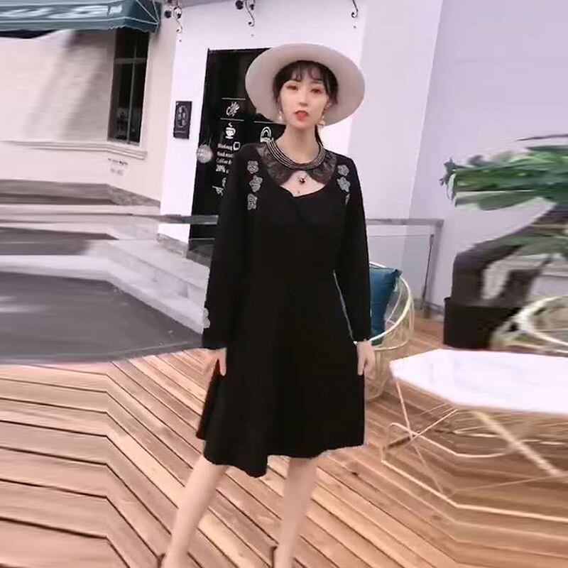 ラージサイズファットmmエイジリダクションドレススリミングオータムカバーミートウエスタンスタイルウエストイレギュラーデザインセンスブラックホローロングスカート ミックスインファッション27935059818