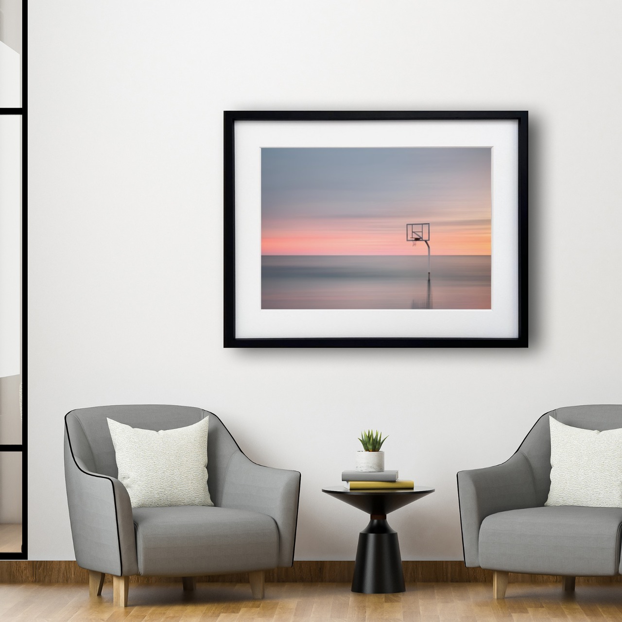 basketball goal in the sea｜静かな海に佇むバスケットゴールの幻想アート｜モダン空間を彩る非現実的コラージュポスターA4ポスター