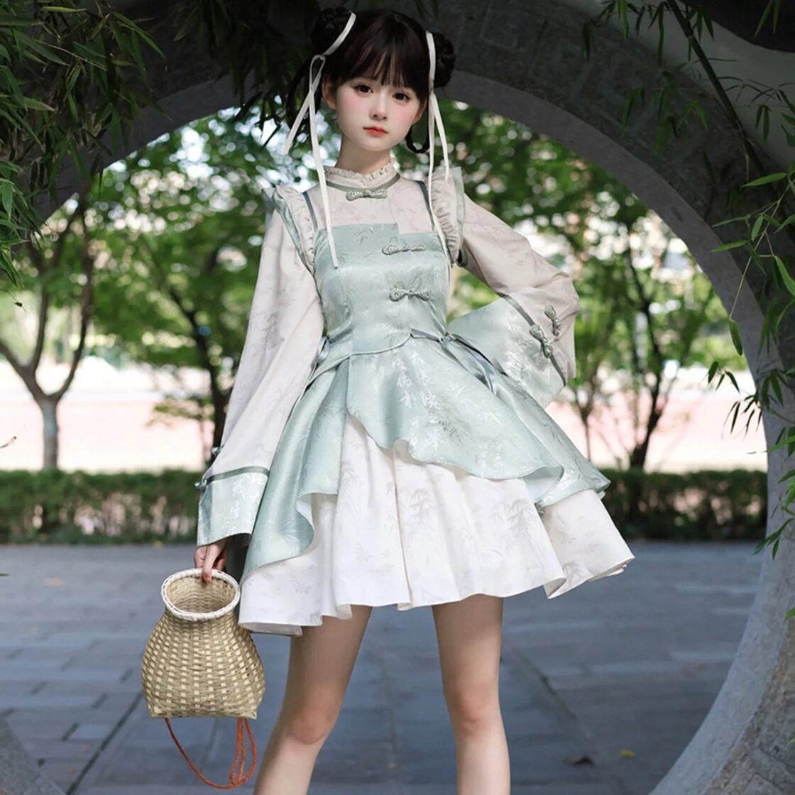 中国風ワンピース ミニスカート 付け袖 ベビードール ロリィタ服 