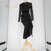 社交ダンス 衣装 ラテン スタンダード ドレス ワンピース レッスンウェア パーティドレス レディース YJFY ブラック系 黒 レース 長袖 107cm 着丈 ストレッチ ファスナー 伸縮性 女性用 おしゃれ パーティー ダンス用 体型カバー 上品 レディス ルーズフィット イベント用 フェミニン シンプル スタイリッシュ 通気性 体型別デザイン 特別な日 アシンメトリー