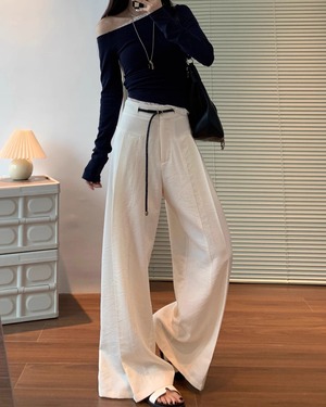 ベルト付きタックワイドロングパンツ 2color A0970