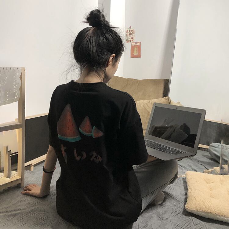 サマールーズヴィンテージプリントブラックTシャツ トップス レディース 大きめサイズ 夏物 ビンテージ YY-ファッション71025415758