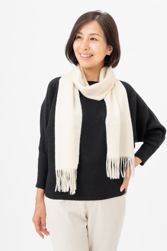 入荷未定　Hirano - ヒラノ/ホワイト レギュラーマフラーカシミヤ100% 幅30cm×縦164cm（本体部分）+8cm×2（房部分）