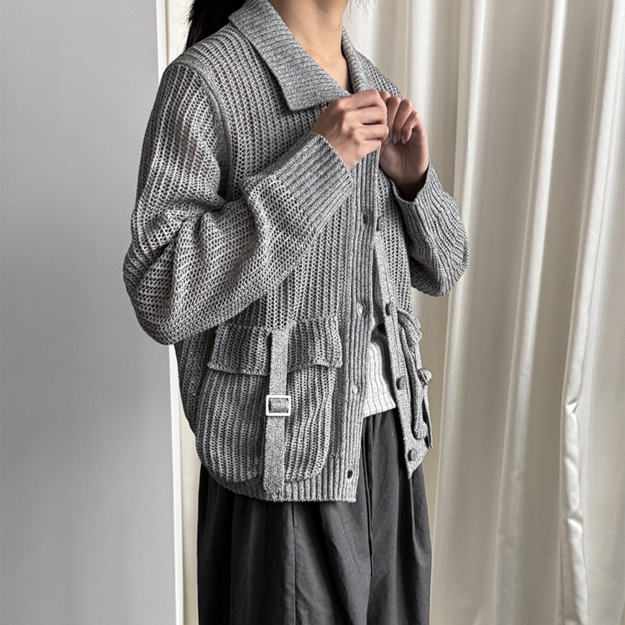 Mesh Knit Collared Cardigan T4423