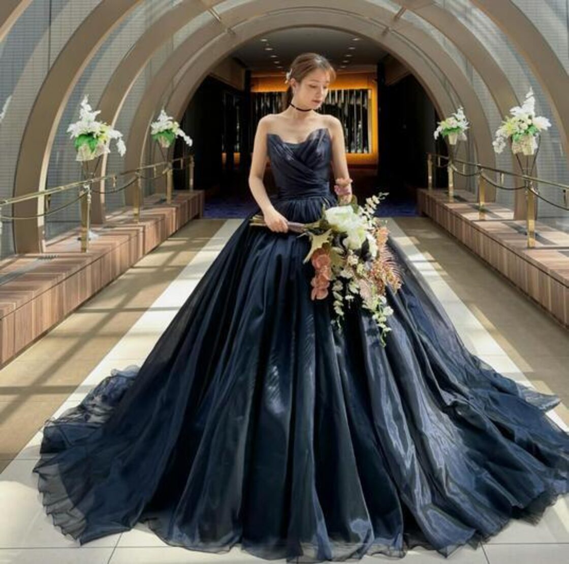 ダルメシアン柄黒ドレス マーメイド ベアトップ ぐれ 披露宴/拳式  