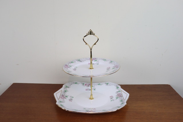 シェリー Shelly 　2段ケーキスタンド　アフタヌーンティースタンド   組立式　梅　ハンドペイント　イギリス  ヴィンテージ食器　せ43