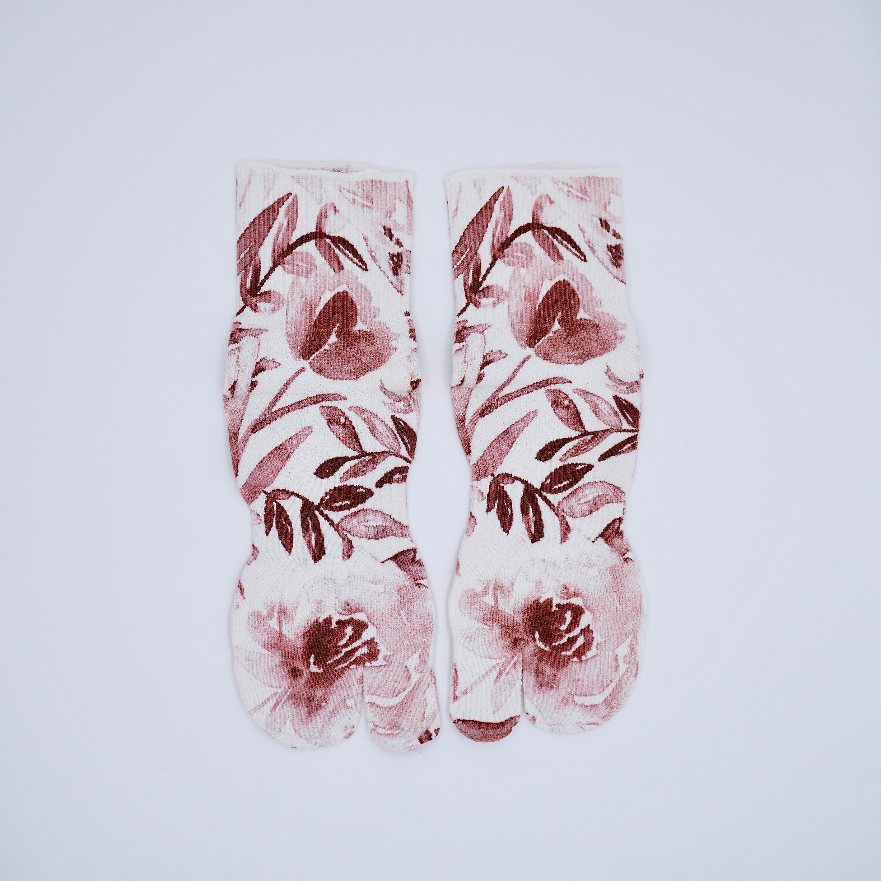 水墨画<花柄> 茶 足袋和紙プリントソックス レギュラー丈
