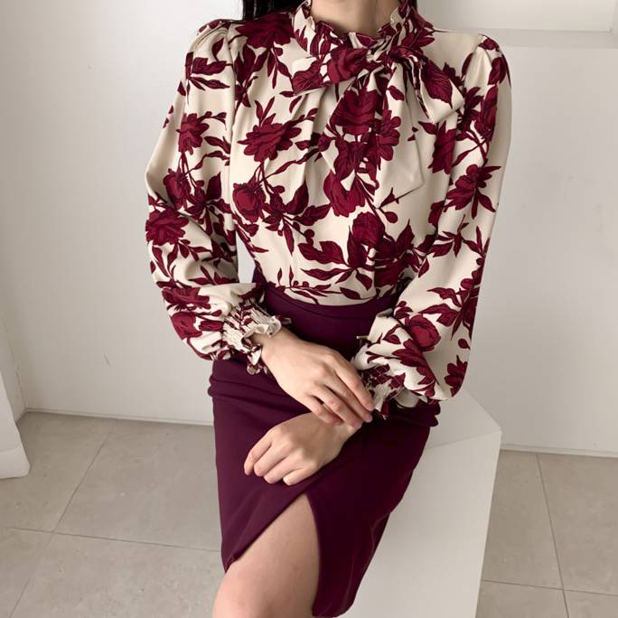 レッド セットアップ レディース 花柄ブラウス タイトスカート 上下