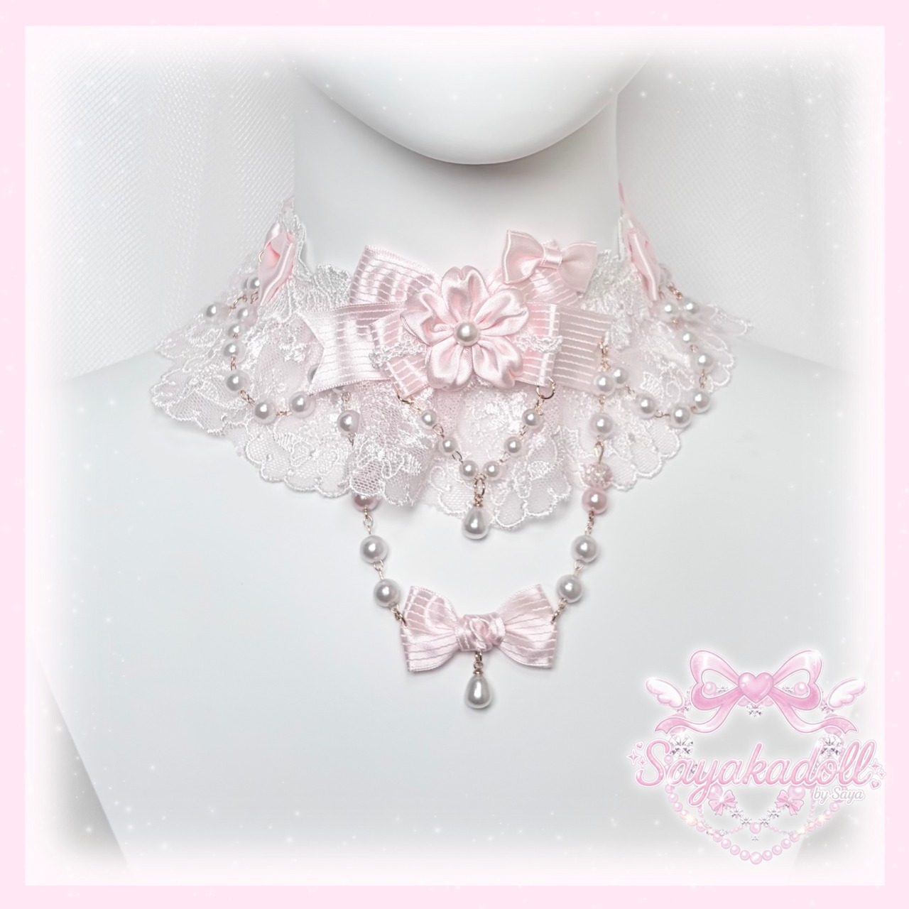 ♡ Cherry blossom  パールチェーン 桜モチーフ パステルフリルリボンチョーカー white ♡