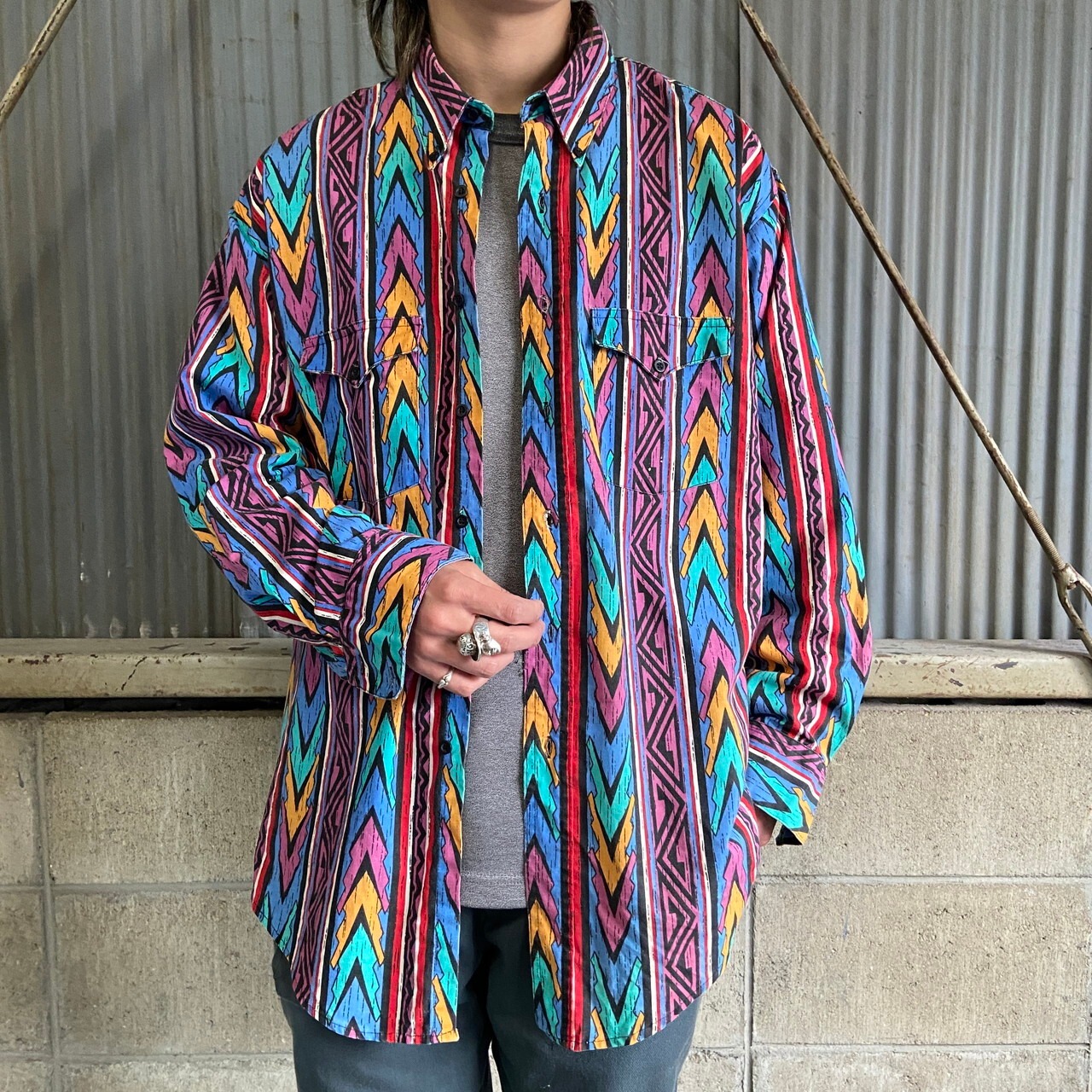 PLAINSMAN ネイティブ柄 長袖 ウエスタンシャツ メンズL相当 古着 総柄 