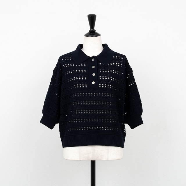 【EMMACULATE／エマキュレイト】レース調透かし編ポロニット（ダークネイビー）
