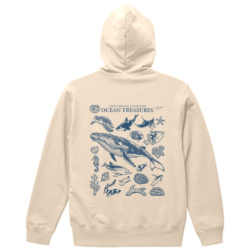 海洋生物ヴィンテージ風プルオーバーパーカー｜OCEAN TREASURES／Model-02（ナチュラル）