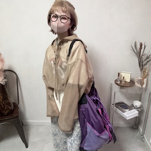 front laceup mesh hoodie PO【Beige】