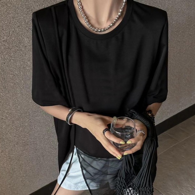 sheer oversized t-shirt with shoulder pad detailing L0594
