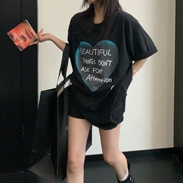 ビッグハートレタープリントルーズラインTシャツ 2col R02445