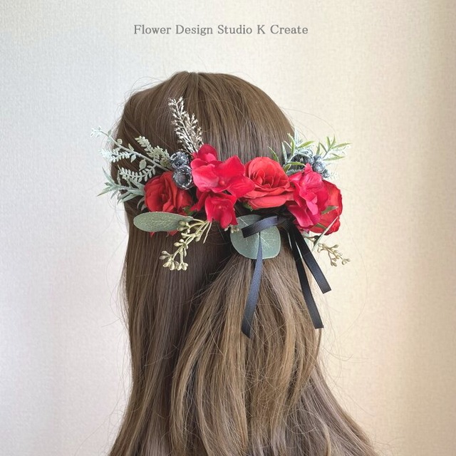赤い薔薇と黒いリボンのヘッドドレス 赤 レッド 造花 美女と野獣 赤い薔薇 バラ 髪飾り ヘッドドレス ウェディング