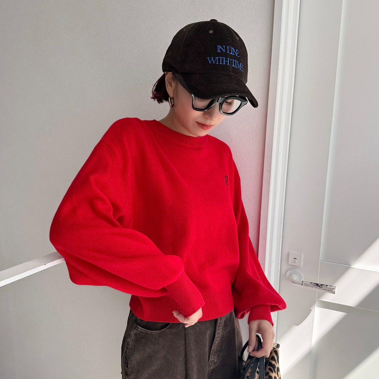 【R】刺繡ポイントニットPO/レッド