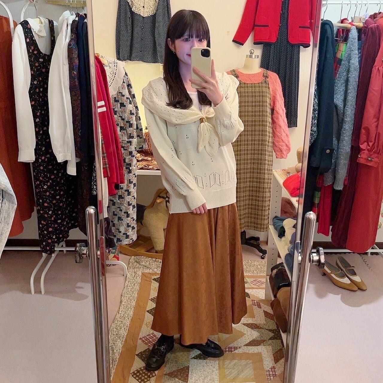 camel brown flower flare skirt