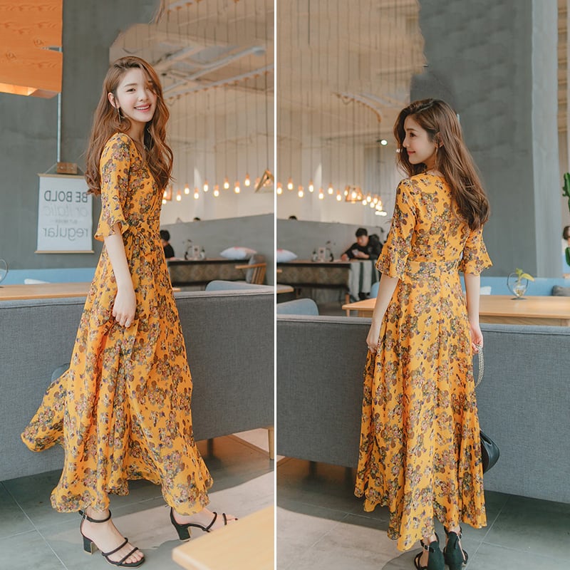 春夏 花柄 ワンピース ロング 夏 ワンピース 半袖 花柄ワンピース Vネック ロング フレアワンピース 花柄 ワンピース ロング 通勤通学 デート 五分袖 ワンピース フレア マキシ丈 シフォンワンピース 夏 薄手 涼しい レディース Vネック ワンピース リゾート シフォン