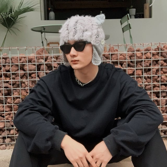 予約販売】もこもこボア クマ耳 ニット帽 メンズ ブラック/グレー