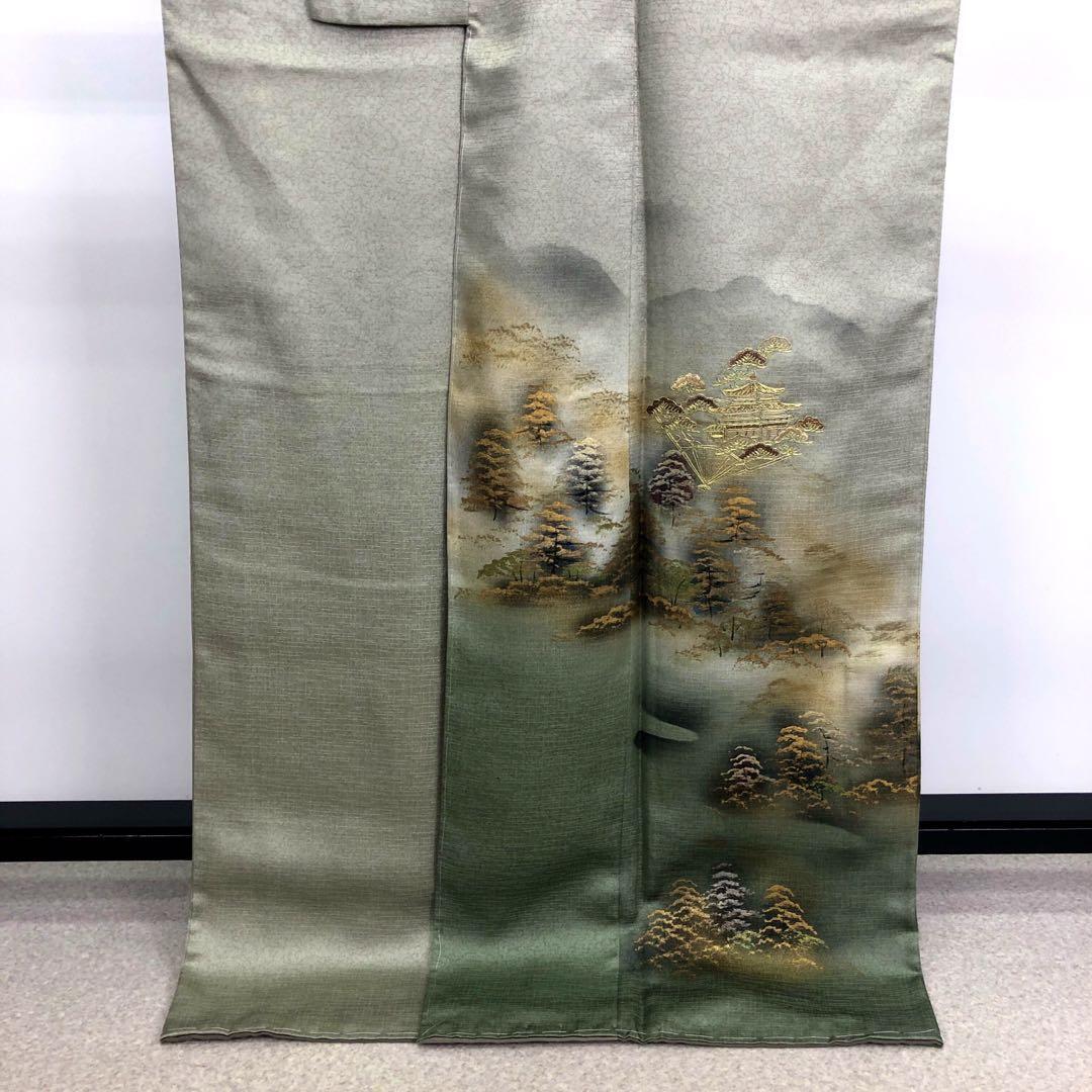 K-2783 付下げ 金駒刺繍 寺院 扇子に松 利休鼠色 金銀彩 トールサイズ | リユース着物専門店 わびさび