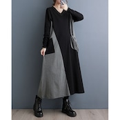 パッチワーク風 Vネック ロングワンピース 00070