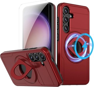 【在庫のみ】JSCOMYAP Galaxy S25 5G 用ケース MagSafe対応 ハイブリッド磁気 スマホケース+ ?化 ガラス フ フィルム マグネット搭載 横置き機能リング スタンド 耐衝撃 Case Cover Samsung サムスン ギャラクシーS25 ぎやらくしーs25 SC-51F / SCG31 対応 全面保護 滑り止め 背面 カバー（赤 レッド）