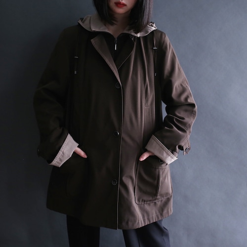 bi-color switching zip-up and button high-neck jacket coat with liner and hooded