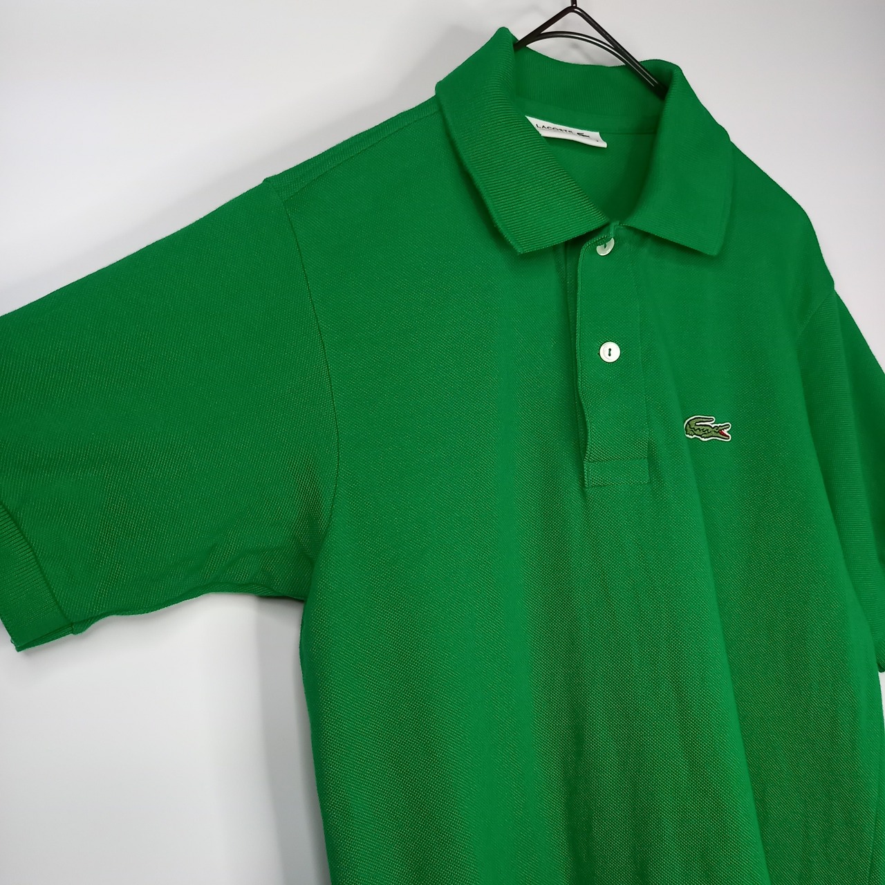 日本製　ラコステ　ポロシャツ　半袖　刺繍ロゴ　ファブリカ　シェルボタン　緑　2