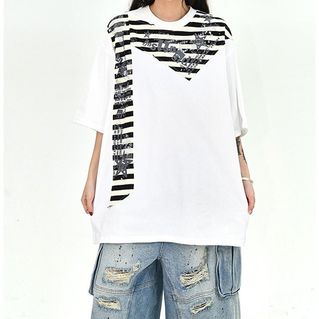 アシンメトリーストライプパネルTシャツ 2col   R01722