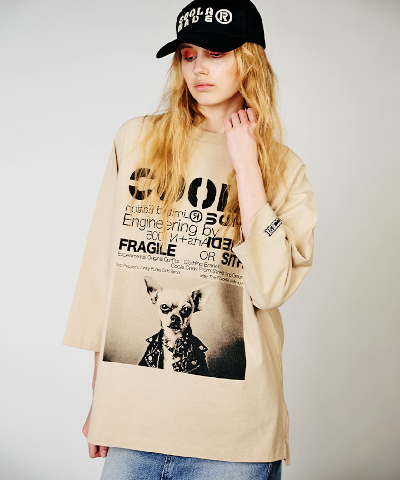 【先行販売】COOLA DOGGYフォトプリントラグランスリーブTシャツ (BEIGE) CQ-48024