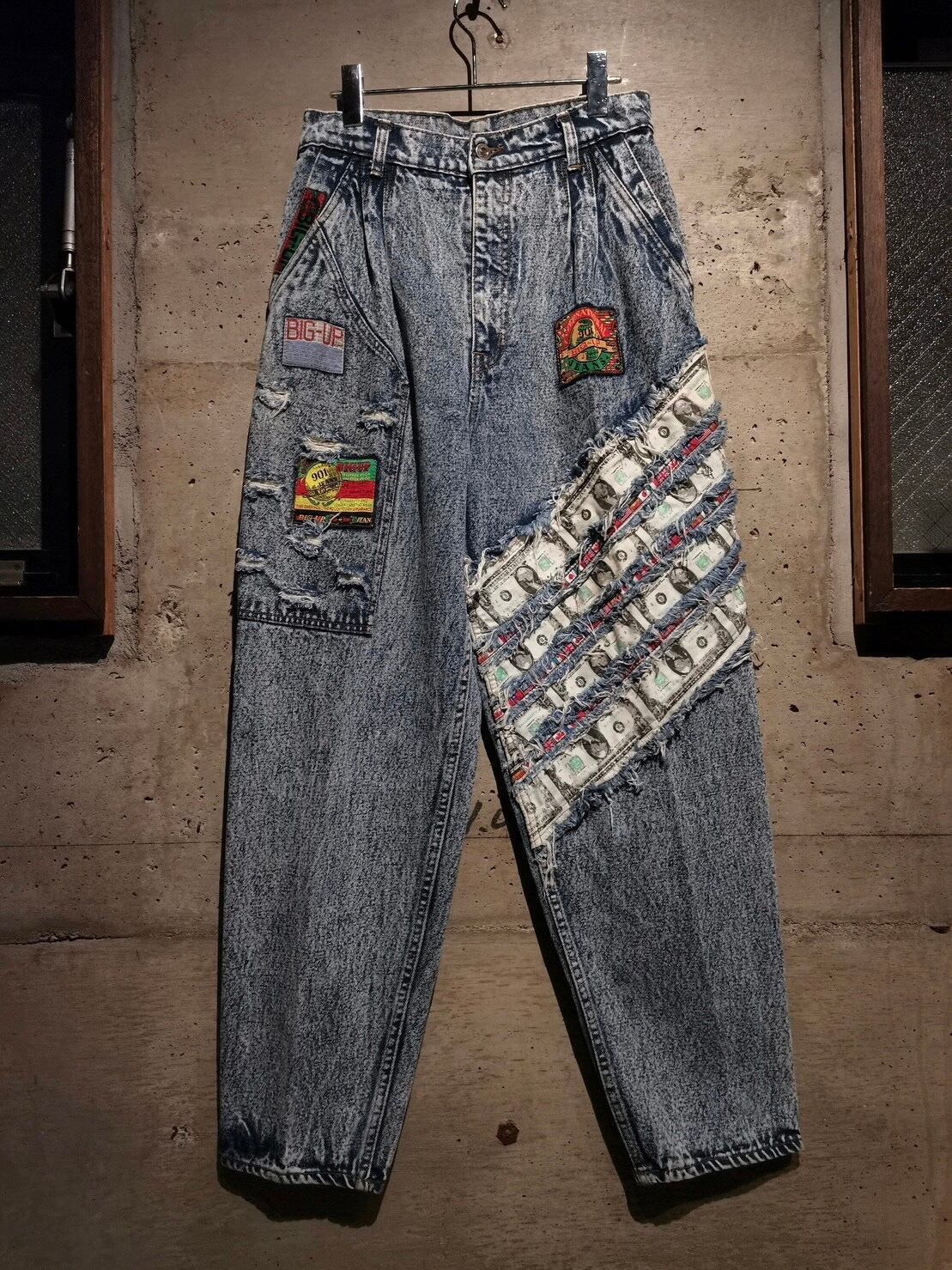 Caka】Damage×Dollar Patch Design Vintage Baggy Jeans | Caka(カカ 