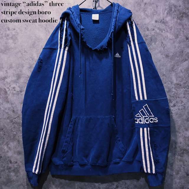 【doppio】vintage “adidas” three stripe design boro custom sweat hoodie
