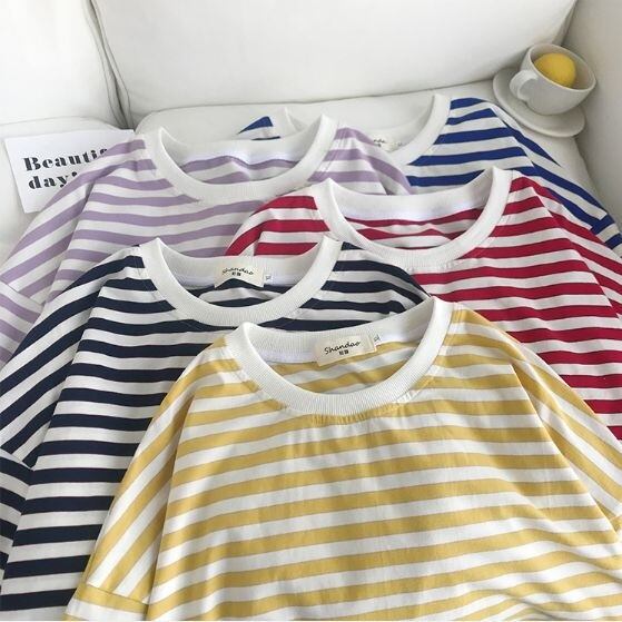 全4色 Tシャツ ボーダー バイカラー ラウンドネック ゆったり