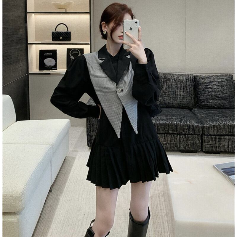 スタンダードノースリーブオータムブラックプリーツシャツ ドレス スカート レトロ ストリート 秋物 ガールズファッション32149266792