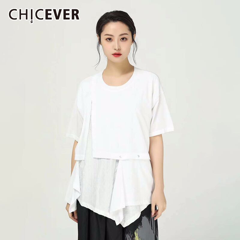 CHICEVERアシンメトリーレディースTシャツOネック半袖パッチワークサマーシャツ洋服2020 ショート ハーフスリーブ 夏物 6base582028663794