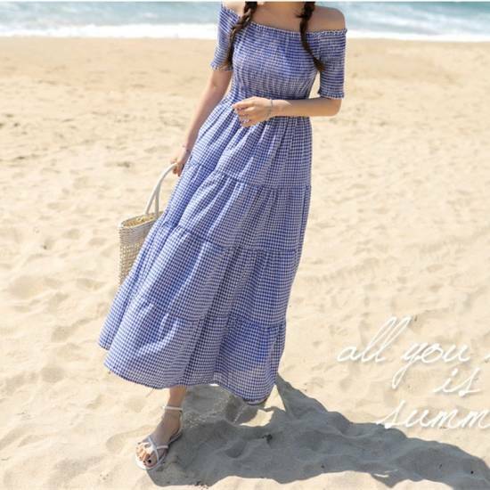 ロング リゾートワンピース ワンショルダー ゆったり オシャレ ロングワンピース 大きいサイズ ゆったり Aライン チェック オフ