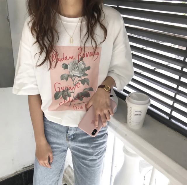 おすすめ♡ Ｔシャツ バラ ローズ プリント ラウンドネック