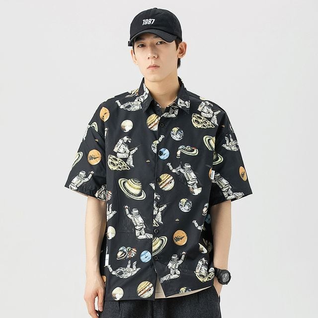 予約販売】シャツ 半袖 メンズ 宇宙柄 総柄 スペース柄 アロハシャツ