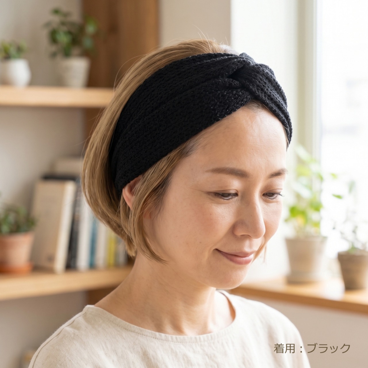 リネン×メッシュ ワイドヘアターバン　|幅広で分け目カバー ナチュラル異素材デザイン