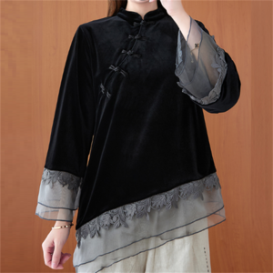 【送料無料】ベロアブラウス 冬 異素材切り替え 長袖 レース 透け感 中国 チャイナ風 民族風 エレガント系 きれいめ アシンメトリー アンバランス丈 大人可愛い プチプライス 30代 40代 レディースファッション 可愛い お出かけ 女子会 デイリーユース お茶会 お呼ばれ 授業参観 大きめ ゆったり ラージサイズ プラスサイズ ママ服