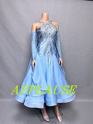 【新着】社交ダンス ドレス　スタンダード　モダンドレス　ライトスカイブルー　M   ST-25-11  デモ・競技用ドレス　発表会衣装　パーティドレス　ワンピース　舞台衣装