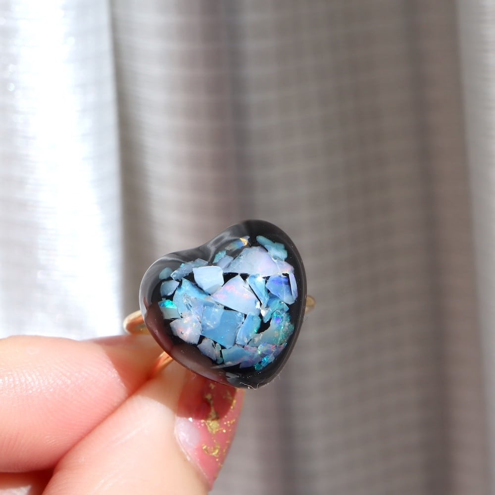 Opal オパール Blackハート レジン ダブルクロス リング 真鍮