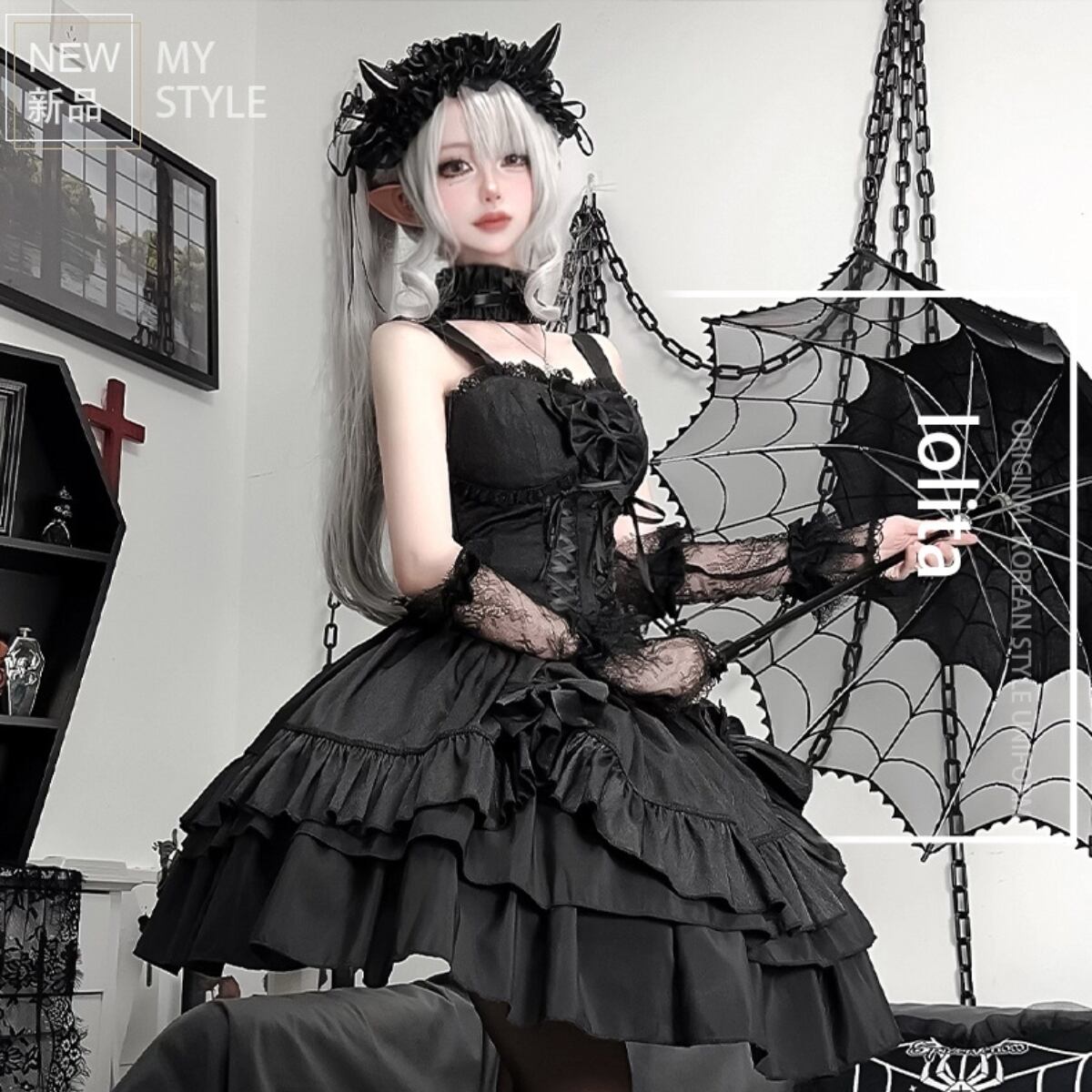 サブカル 服 地雷系 通販 ドレス ダークゴシック ゴスロリ 甘辛MIX ネックストラップ付