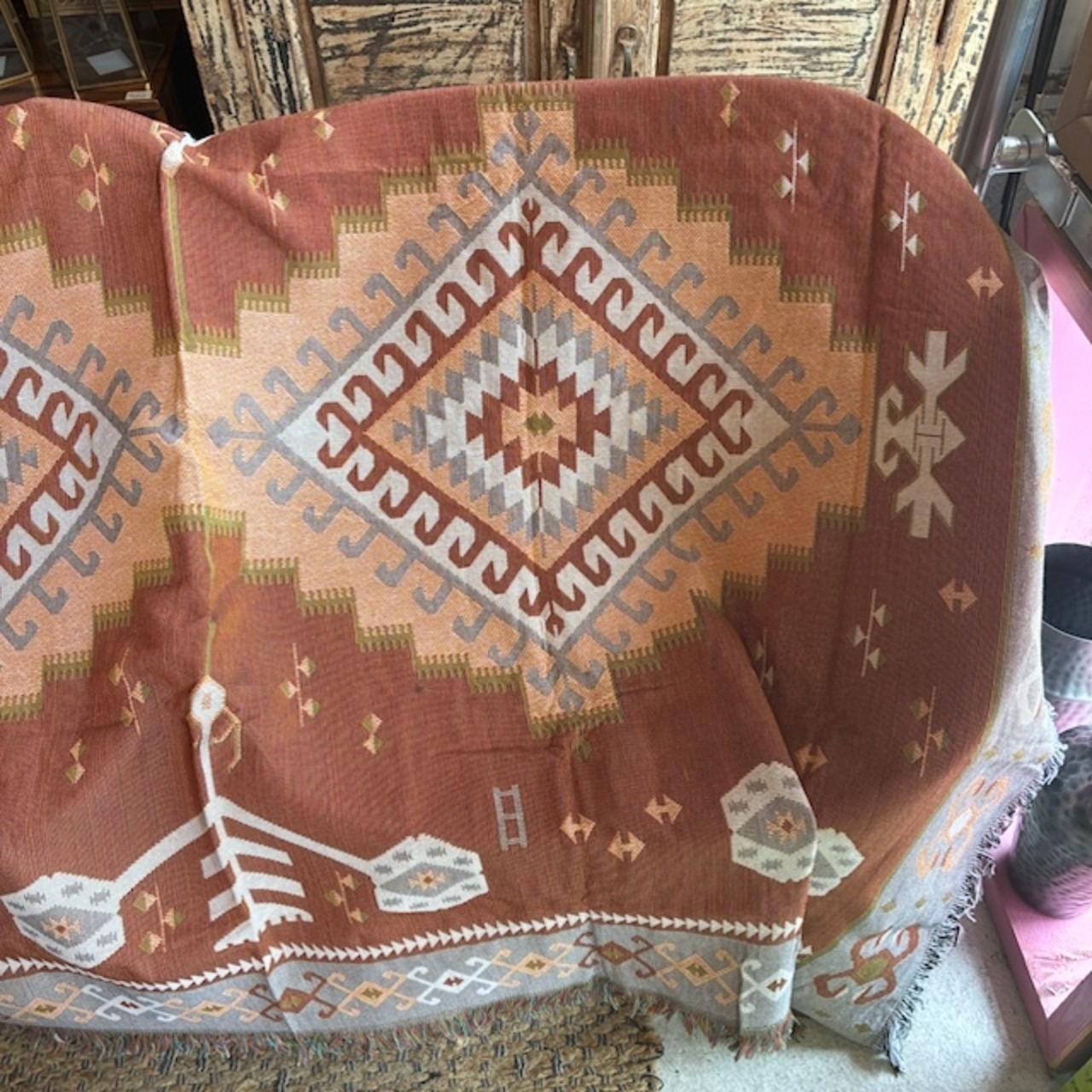 TOPANGA Homefurnishing Tribal throwket 　トライバルスローケット　130×180cm　L　ブラウン　アイボリー　ソファカバー　ベッドカバー　ブランケット　カーテン