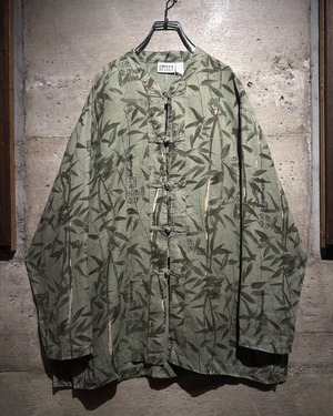 【Caka】“CHICO'S”漢字 × Leaf Pattern Vintage Loose Linen China Shirt