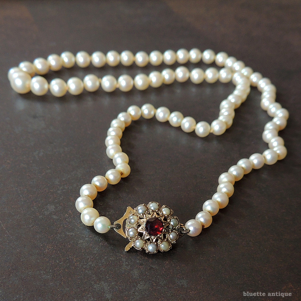 アンティークジュエリー 9ctゴールド アコヤ真珠 天然ロードライトガーネット ネックレス(ソーティングメモ付)