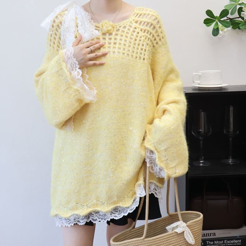 【tops】レースドッキングニットトップス Q6697