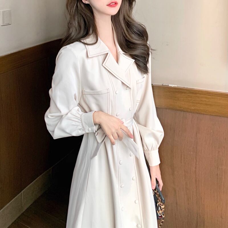 ワンピース 全2色展開 気質up コート風ワンピース 折襟 無地 痩せ見え ベージュ ピンク Ol 通勤 長袖 Miyabigo